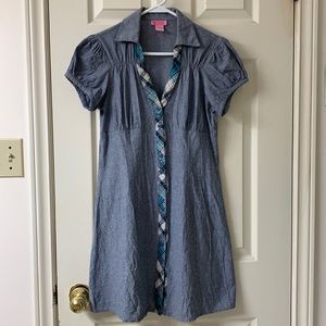 🌷3 for$25🌷She’s Cool, US L, Light Blue Denim & Plaid Short Sleeved Shirt Dress